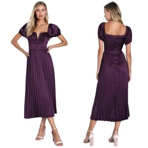 NWOT Lulus Flawless Forever Purple Satin Pleated Midi Dress Size S to M